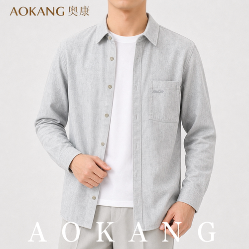 AOKANG奥康秋季男士翻领长袖衬衫宽松百搭休闲通勤风简约