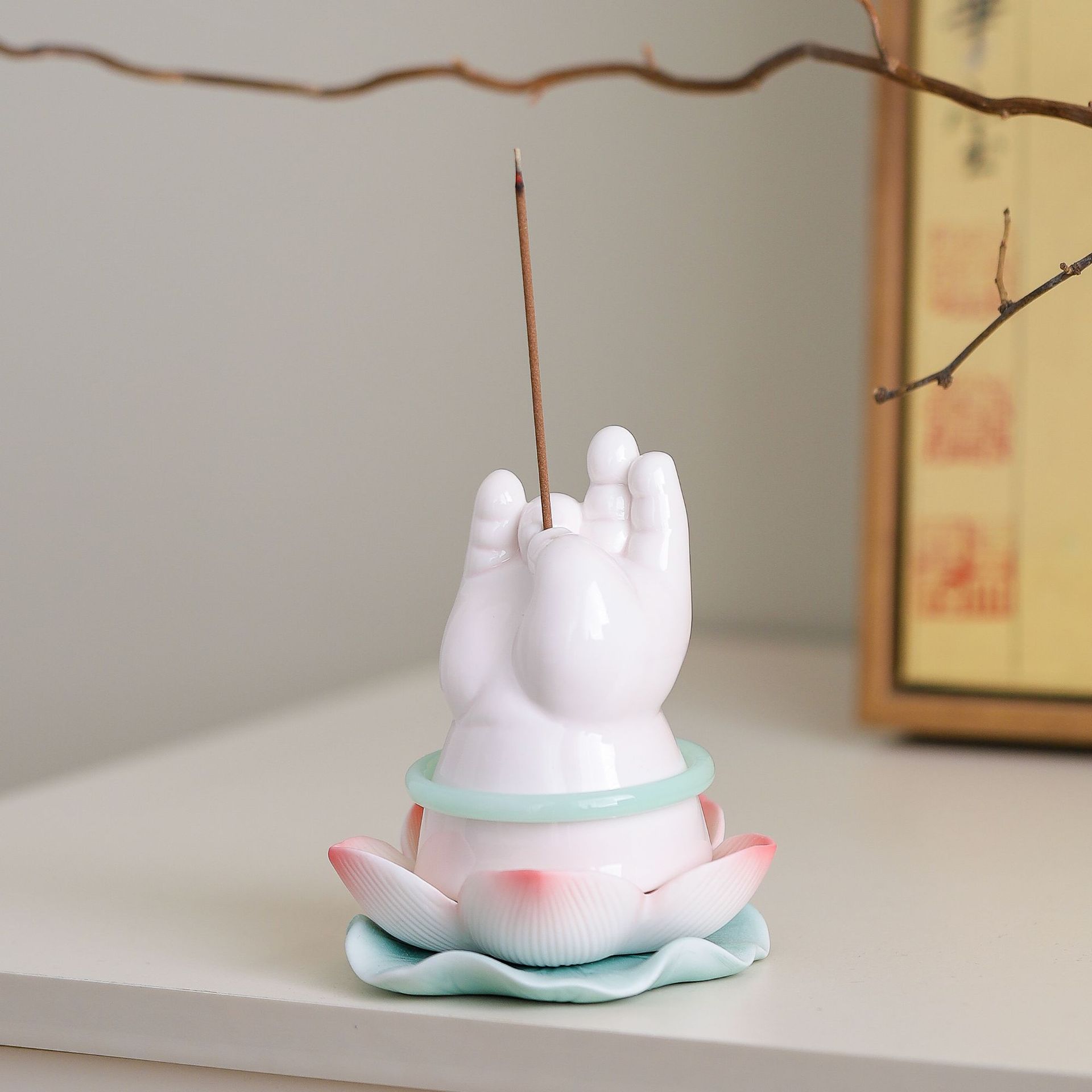 陶瓷佛手莲花香插佛手装饰小摆件插香器线香插香座点香器香道香具