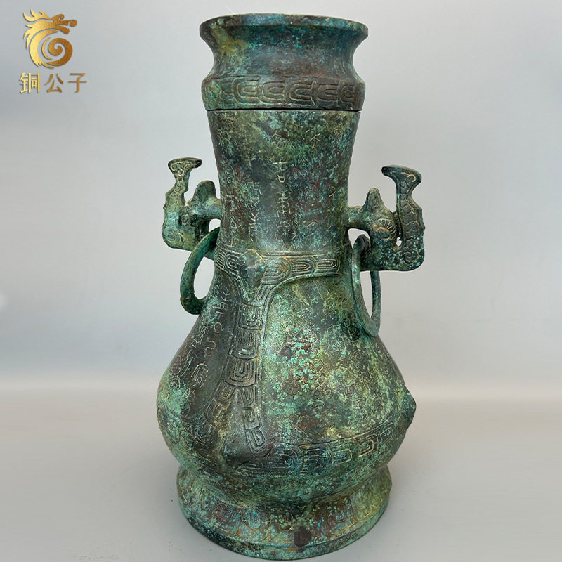 商代象耳铭文圆壶古代青铜器储酒器仿古工艺品摆件收藏古玩批发