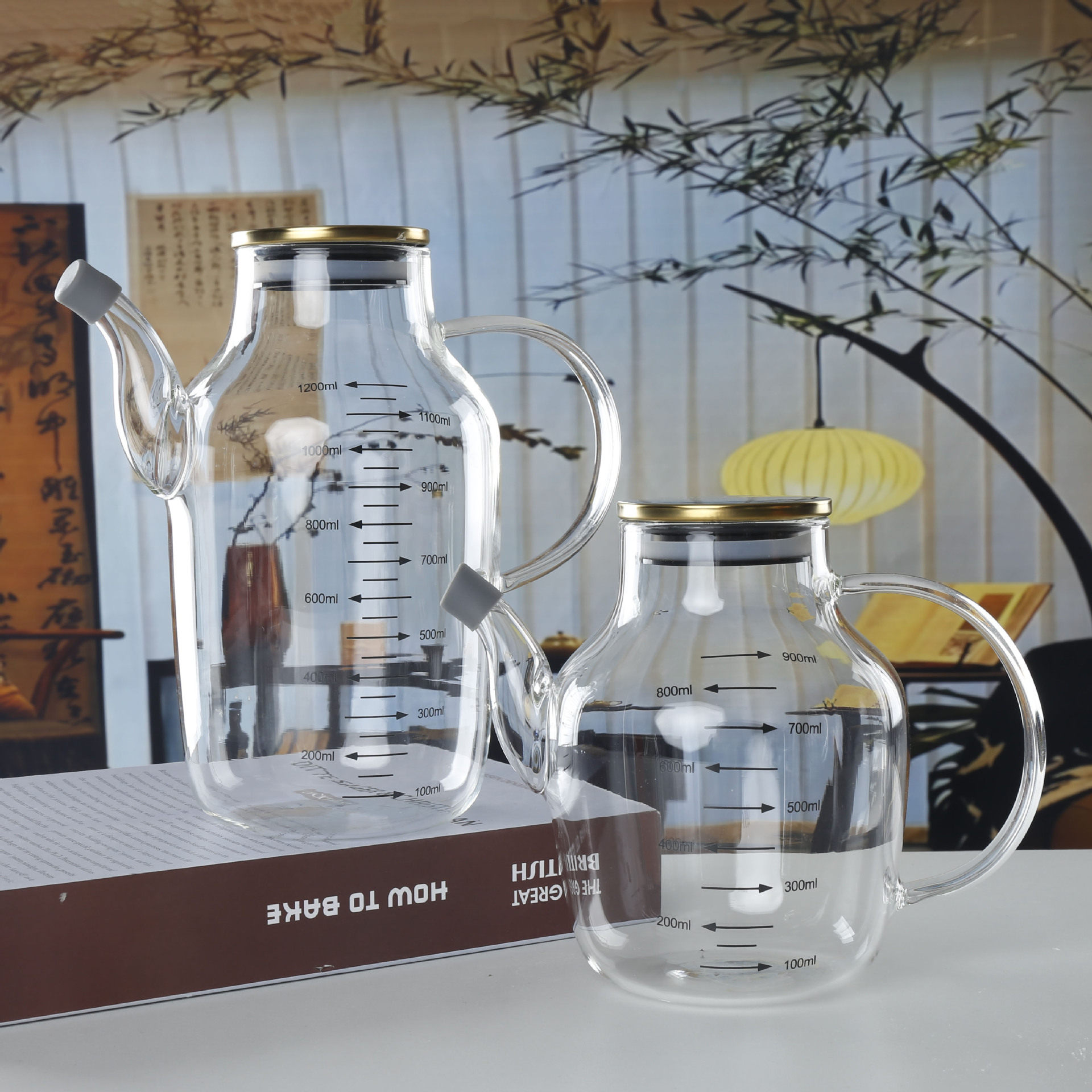 高硼硅玻璃油壶不锈钢盖带刻度油壶家用厨房大容量玻璃酱油醋壶
