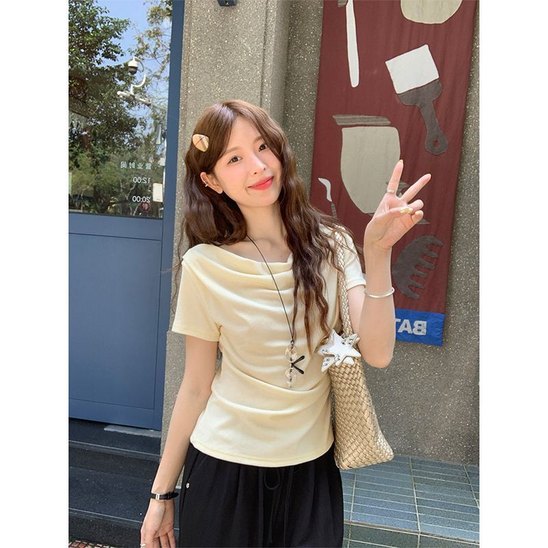 陆小团团纯欲荡领短袖T恤韩系显瘦气质小众设计感上衣女2026夏季