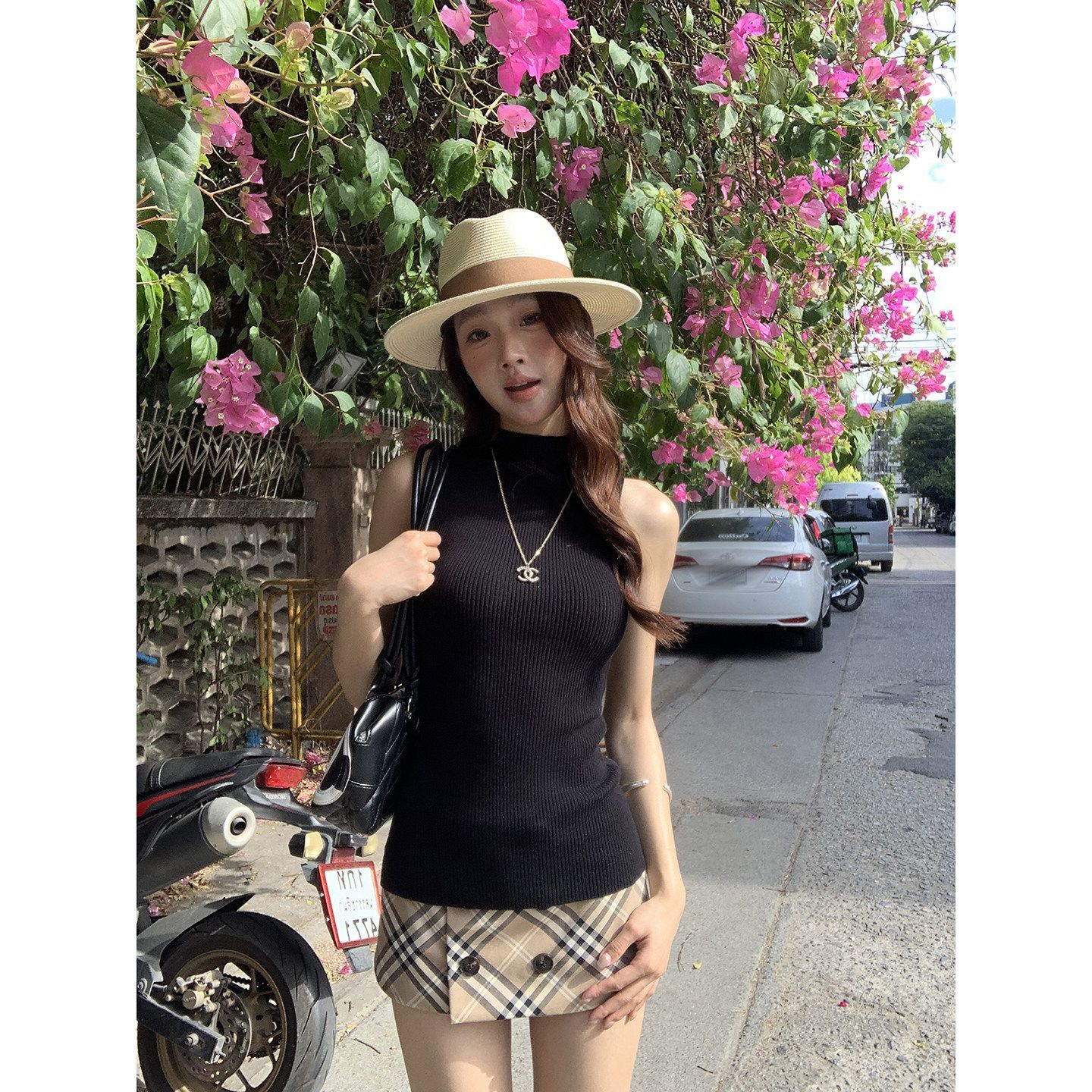 pusumede 简约日常 黑色半高领背心吊带女外穿修身气质T恤上衣