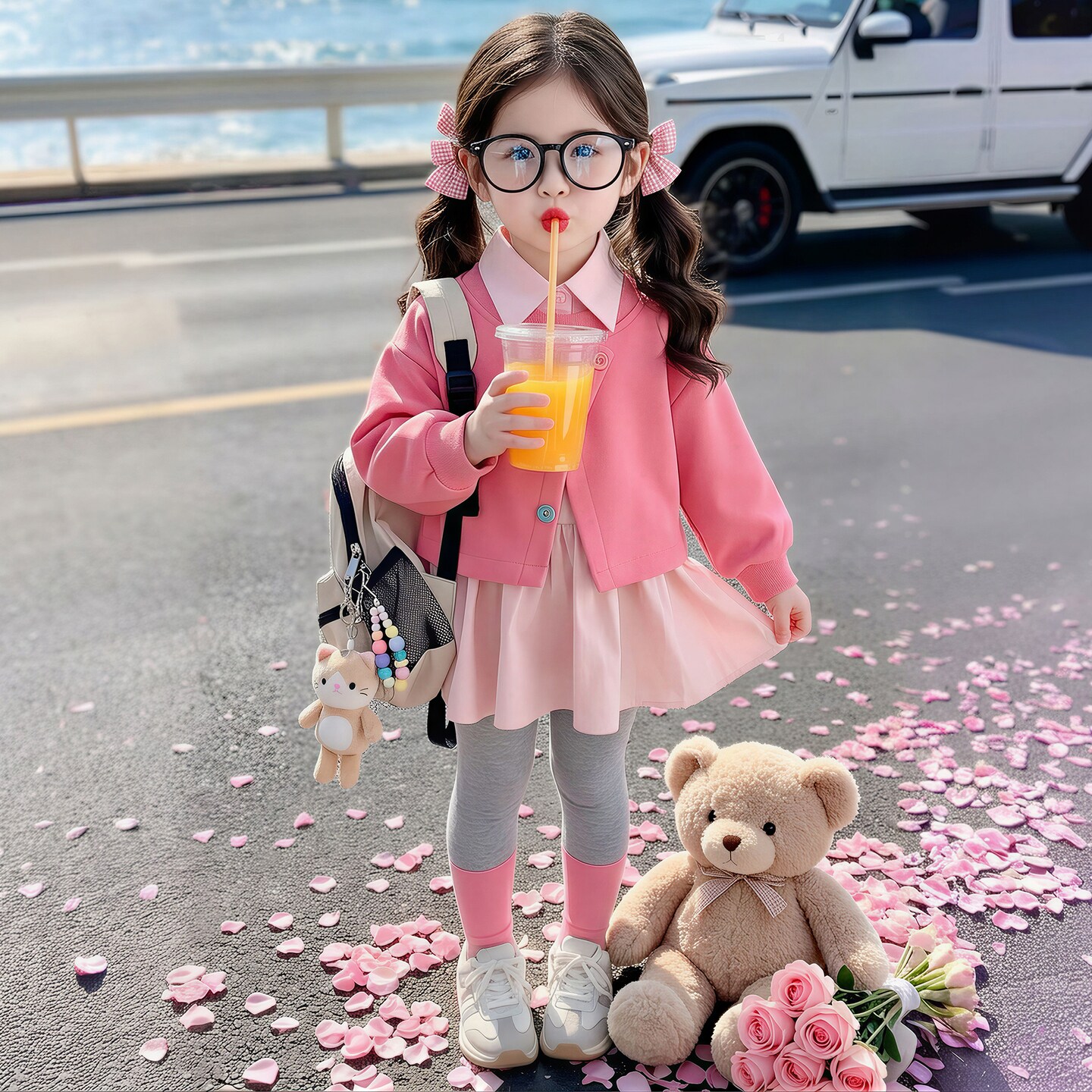 喜梦蕾甜美风女童粉色假两件套装春秋新款洋气蝴蝶结衬衫两件套