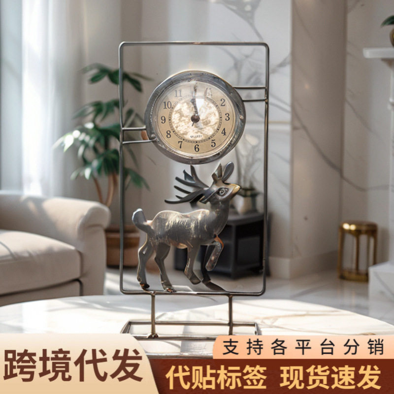 花卉蝴蝶座钟复古做旧台钟桌面摆件装饰钟表静音机芯卧室客厅铁艺