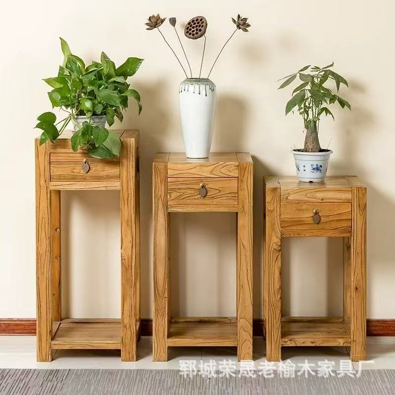 新中式老榆木花架摆件客厅古董花瓶展示架家用多层绿植底座置物架