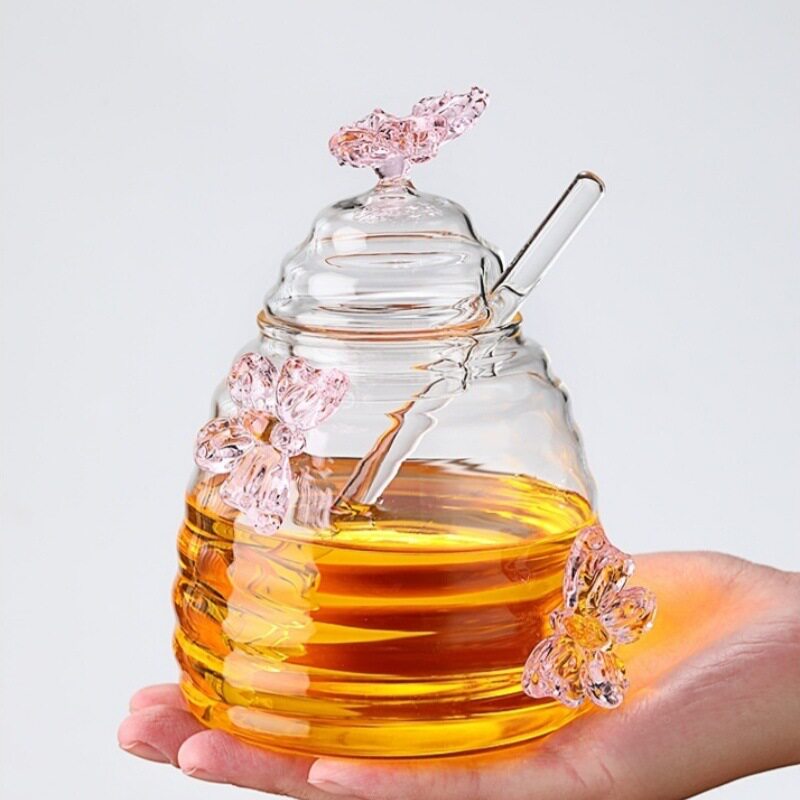 可爱蜂巢蜂蜜罐带盖搅拌棒蜂蜜瓶高硼硅玻璃透明收纳罐蝴蝶蜂蜜罐