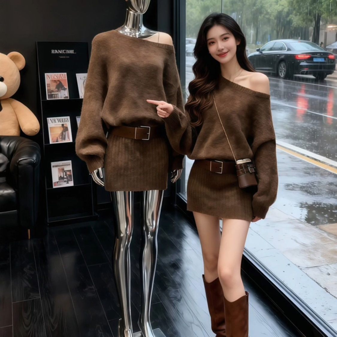 美拉德风棕色针织洋装女