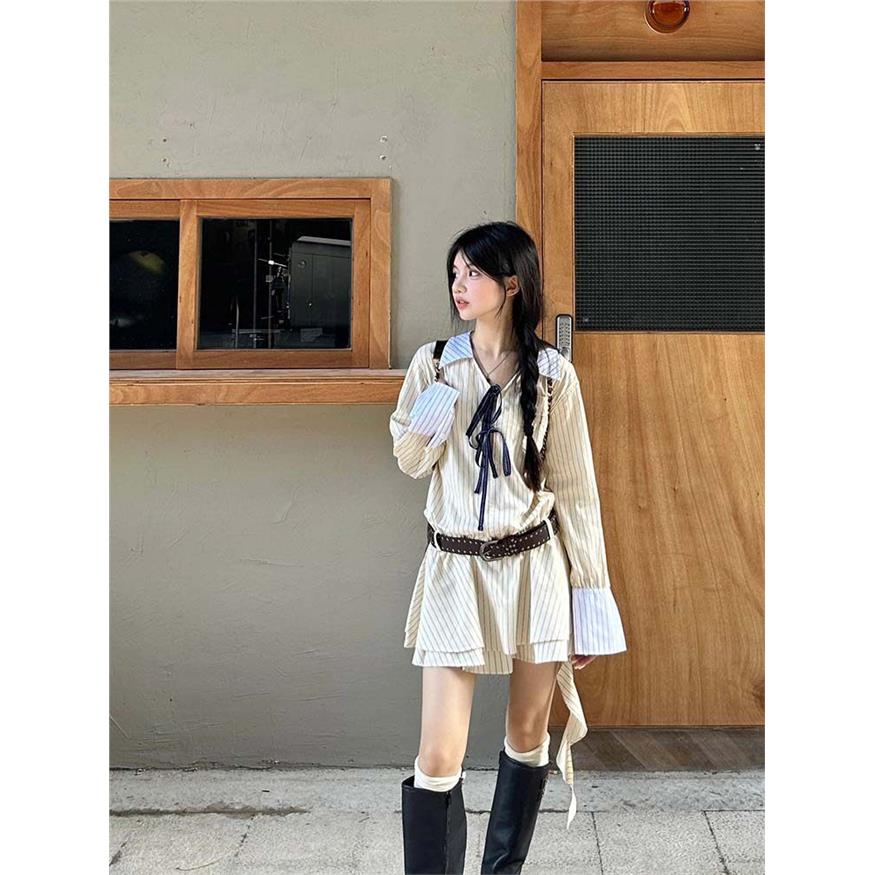 法式条纹衬衫洋装女春季
