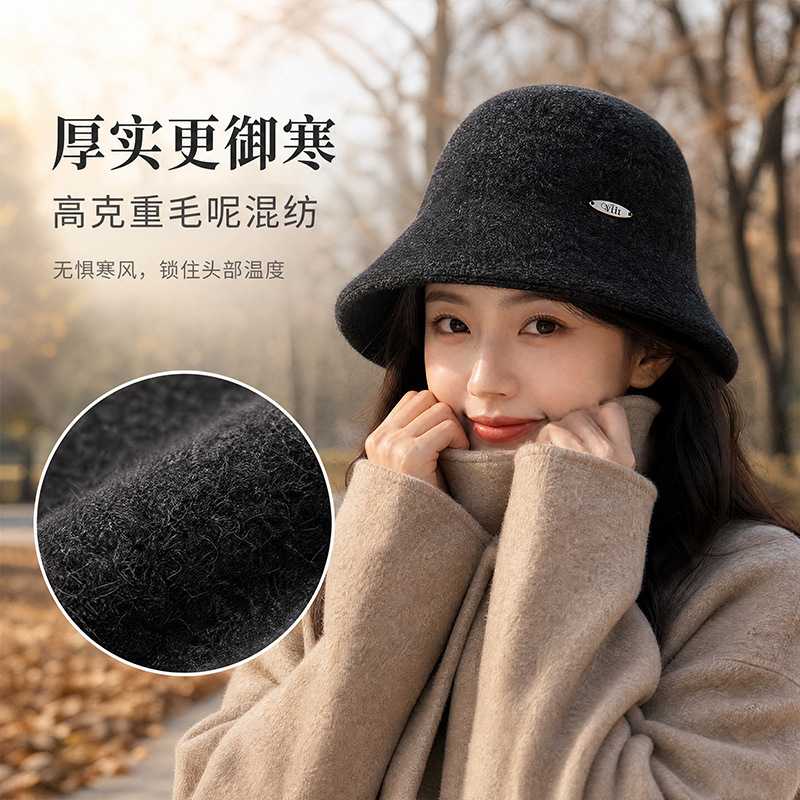 秋冬韩版毛呢渔夫帽女款甜美显脸小盆帽时尚保暖大头围小香风帽子