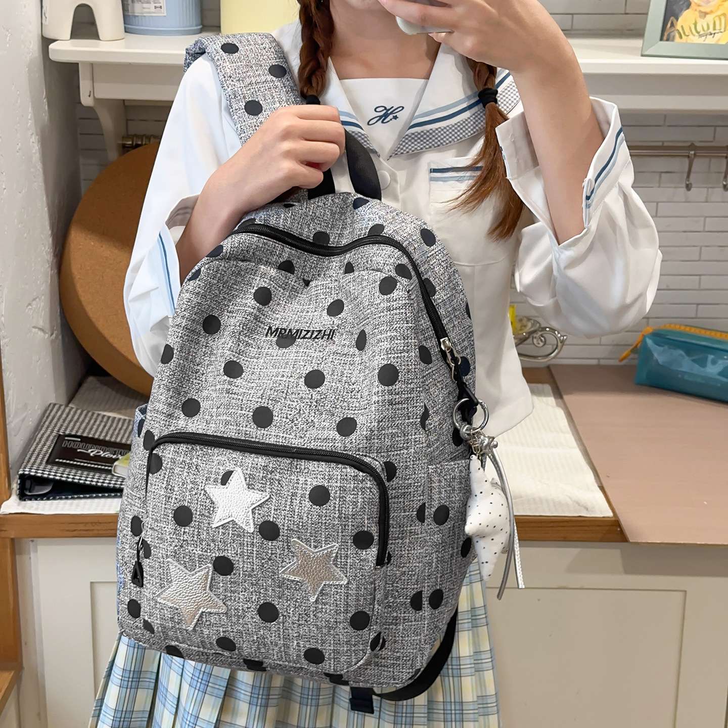 高颜值韩系ins风波点格子百搭出行可爱少女背包日常星星双肩包包