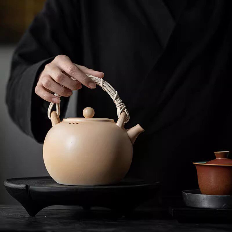 陶瓷提梁壶藤编烧水壶电陶炉明火通用家用陶壶煮茶耐高温