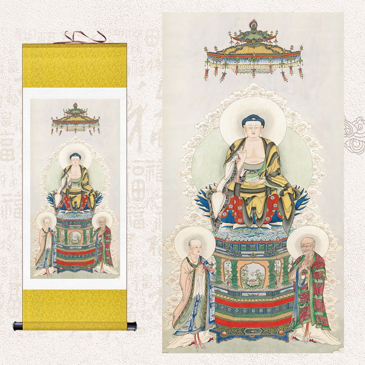 释迦牟尼佛陀阿难迦叶菩萨画像道场法会供奉挂画人物国画卷轴