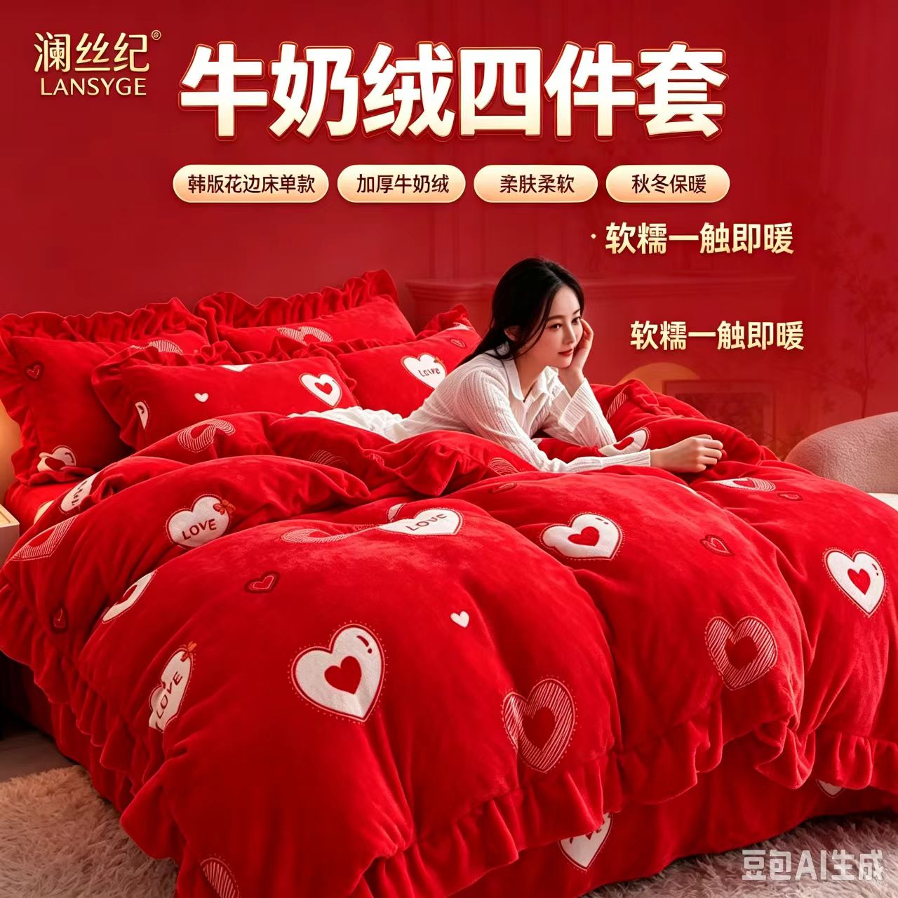 澜丝纪牛奶绒红色爱心保暖四件套