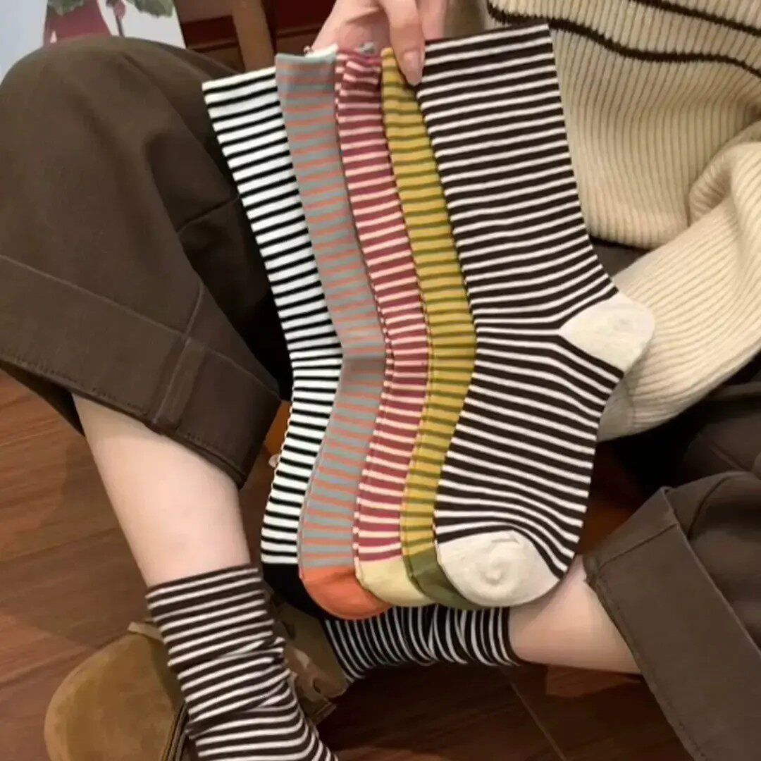 袜子女复古日系细条纹潮流黑色透气运动百搭不撞款休闲亲肤堆堆袜