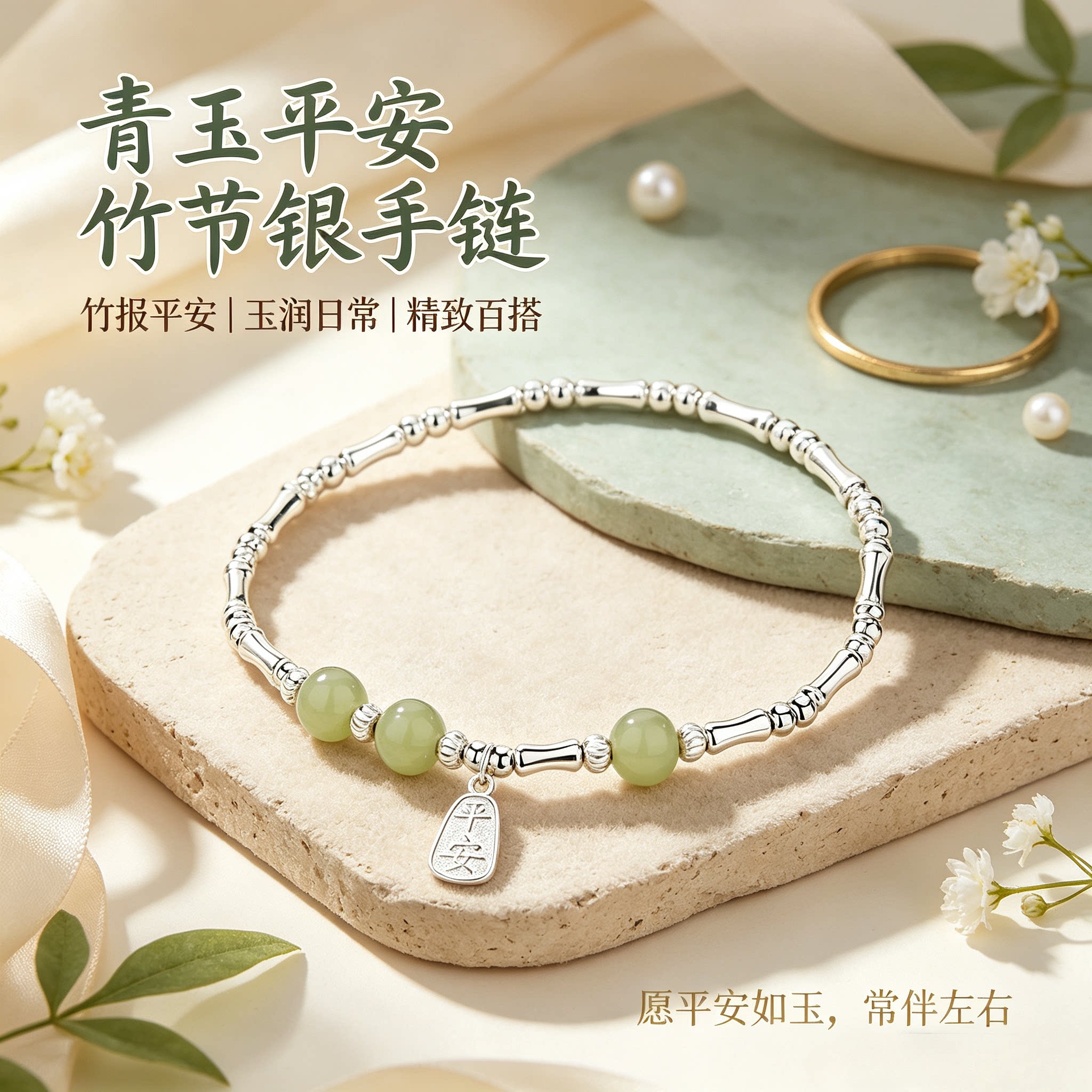 【假一赔十】足银999竹节青玉珠银手链 平安吊牌生日送朋友礼物
