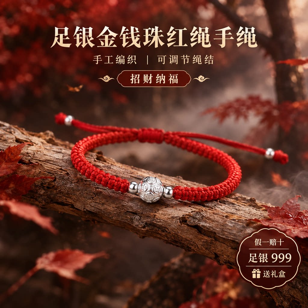 【假一赔十】足银 999 金钱珠手绳复古红绳编绳简约百搭银饰礼物