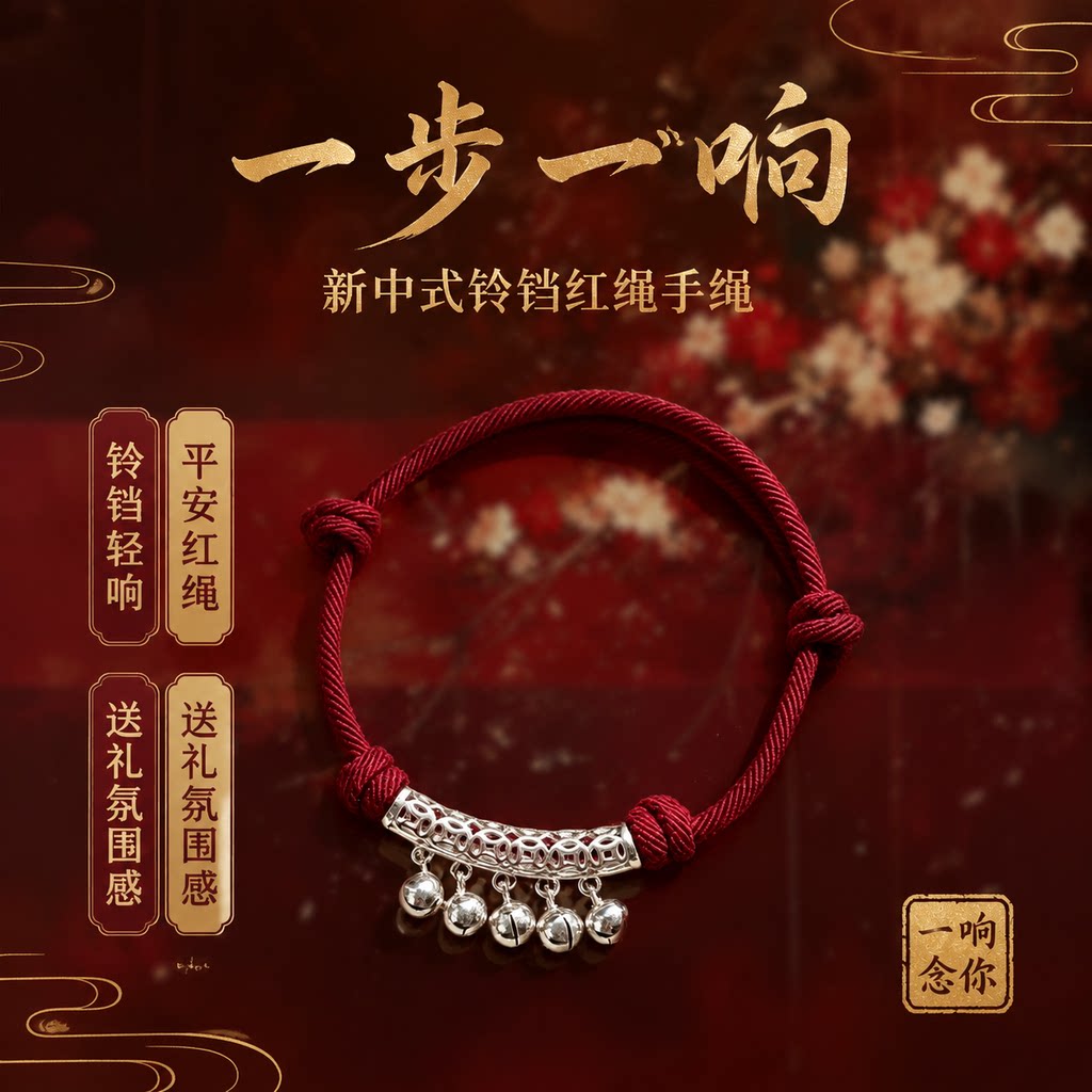【假一赔十】纯银手链一步一响铃铛水逆退散小众民族女生红编绳