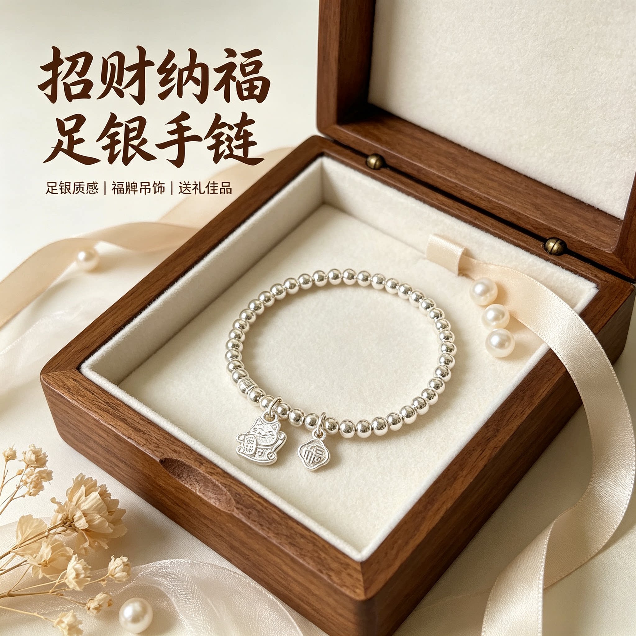 【假一赔十】足银999招财猫银珠手串 百搭简约设计送闺蜜生日礼物