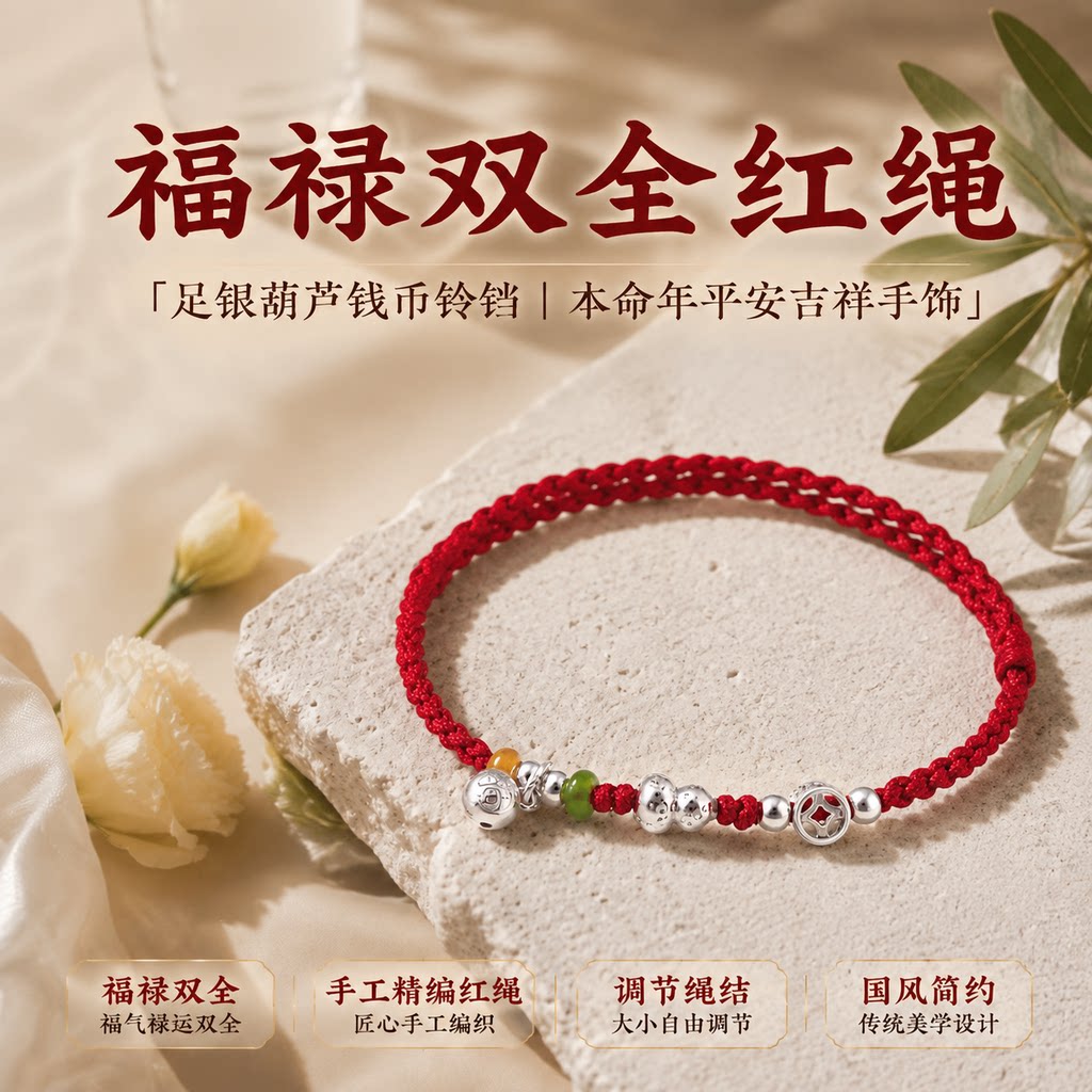 【假一赔十】纯银葫芦铃铛手链编织编绳红绳手绳生日礼物