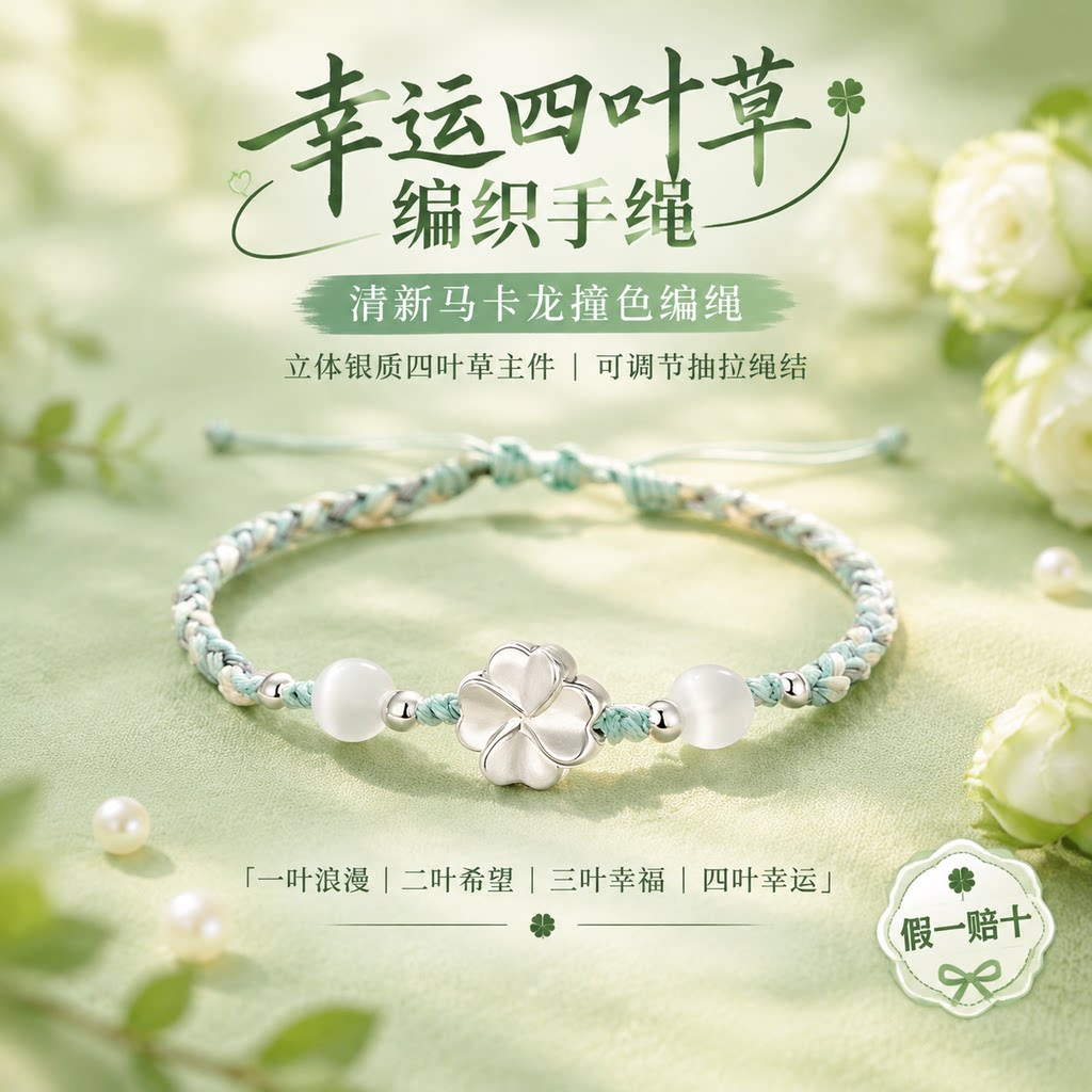 【假一赔十】足银四叶草编织手绳女款2026新款精致手链礼物