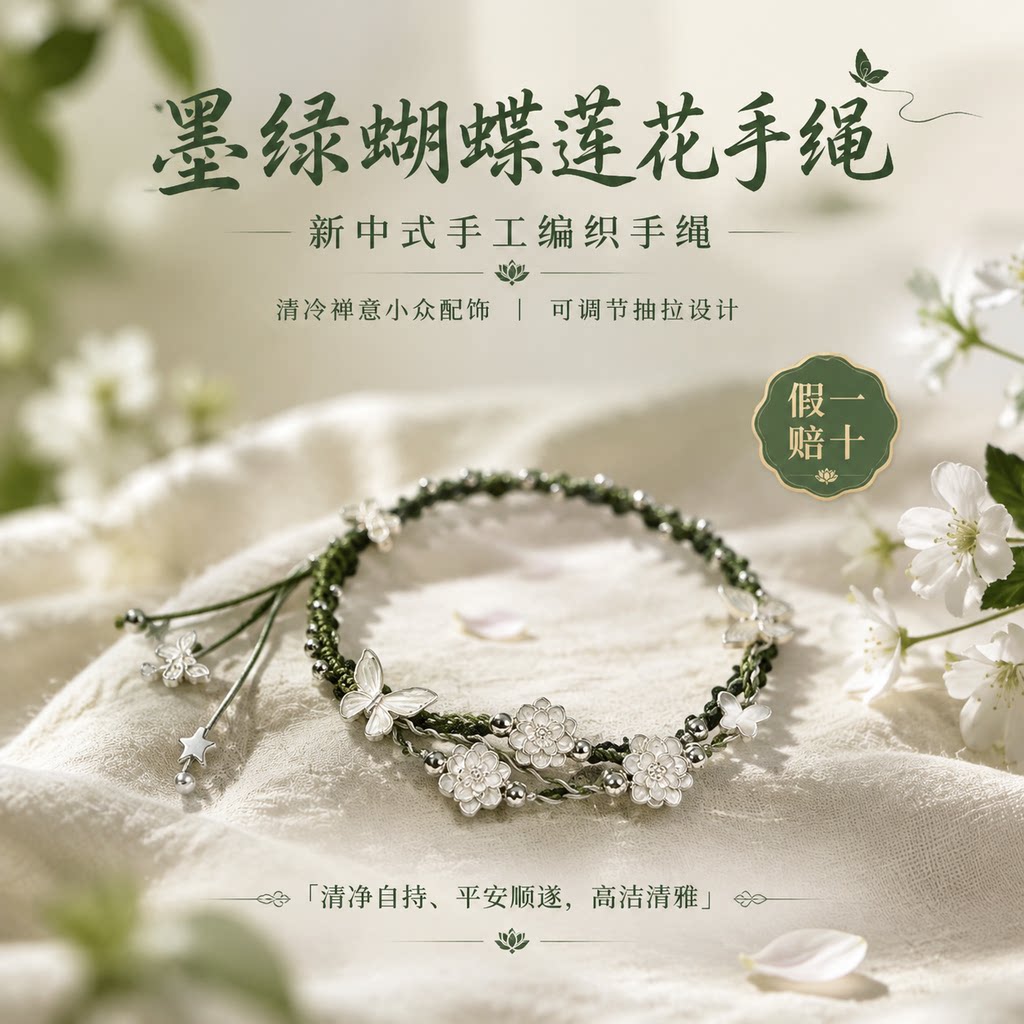 【假一赔十】足银莲花绿色手绳精致民族风蝴蝶编织流苏手链女