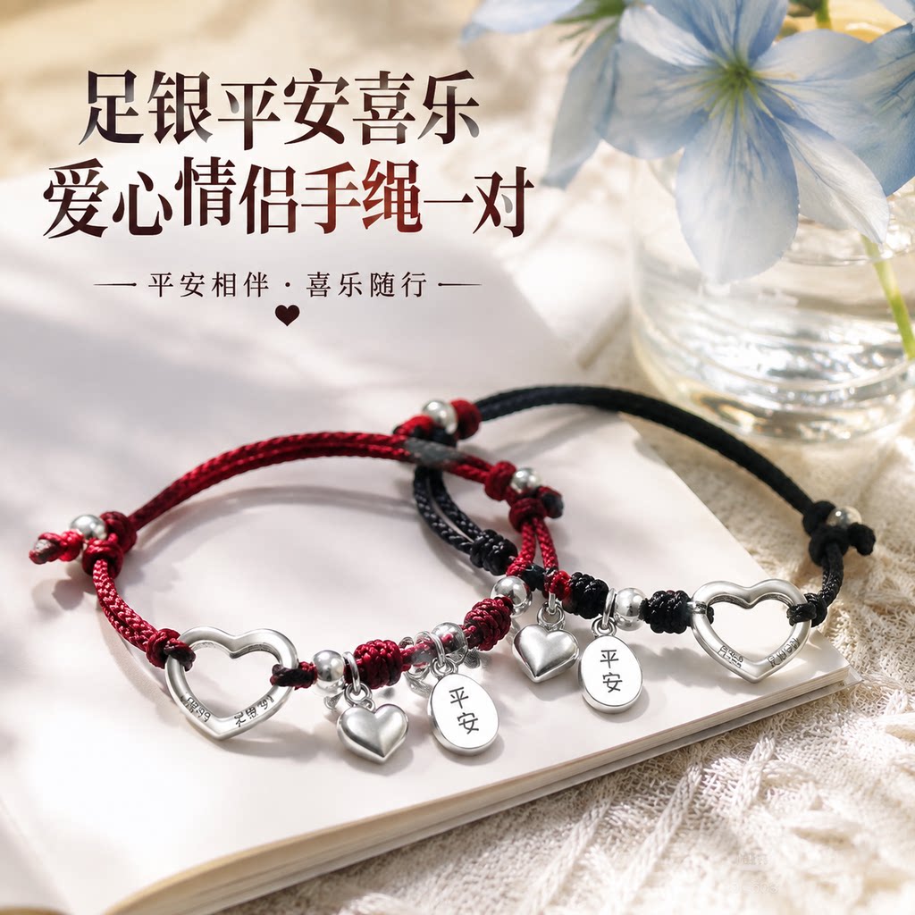 【假一赔十】七夕情人节刻字爱心平安扣情侣手链手绳一对情侣款