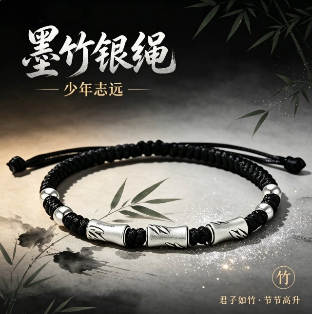 【假一赔十】国风步步高升竹节手链 足银做旧黑编绳简约男生礼物