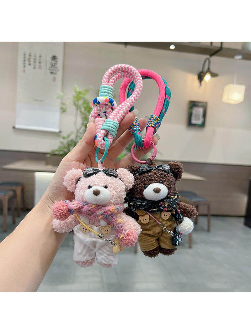 Cute scarf overalls, plush bear keychain, cute shoulder camera doll, creative toy, Korean style bag charm