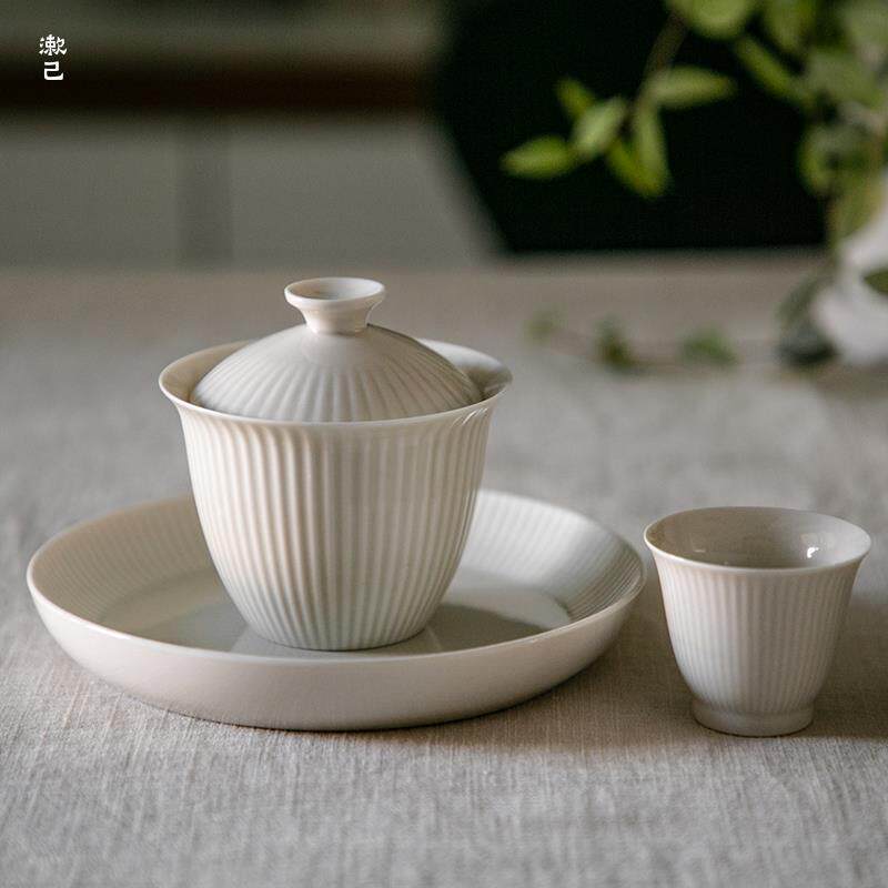 日式草木灰竖纹手工盖碗景德镇陶瓷茶具三才茶杯套装条纹茶碗茶杯