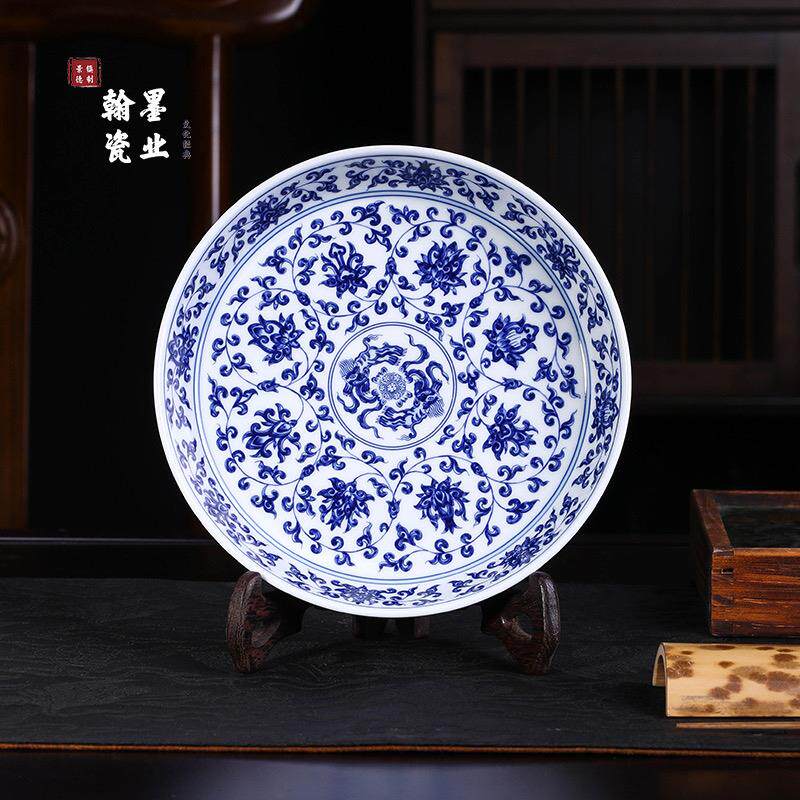 景德镇陶瓷仿古泥青花缠枝莲壶承单个干泡台盖碗托盘家用赏盘茶托