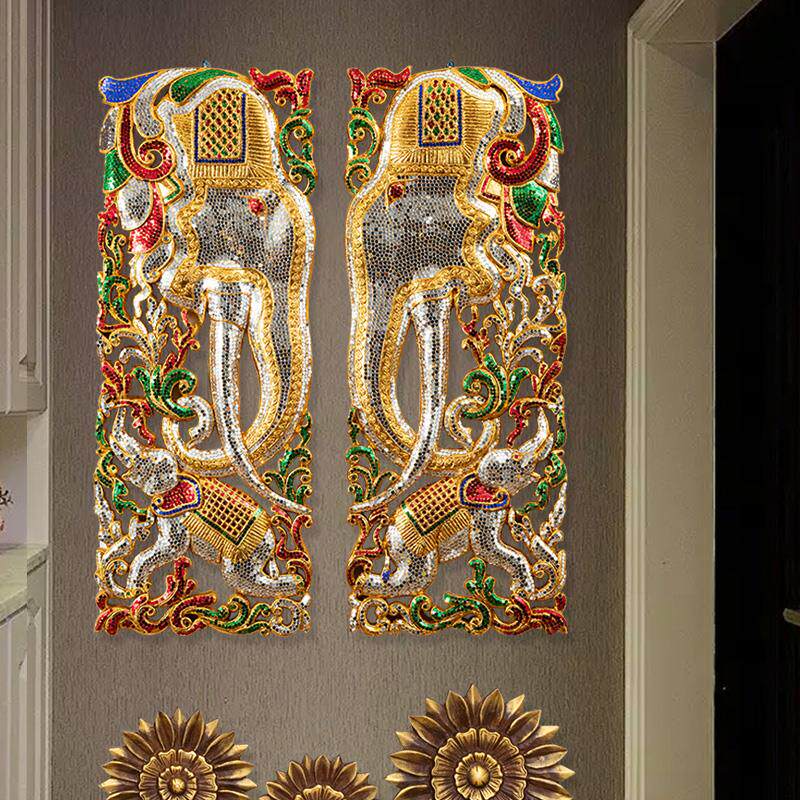 泰国柚木雕花板大象实木雕刻工艺品画装饰挂画客厅玄关墙面壁挂画