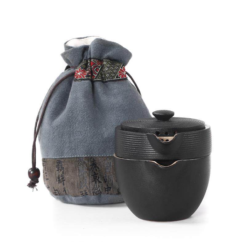 陶生活+黑禅风黑陶云螺快客杯+功夫茶具茶壶一壶两杯旅行茶具套装