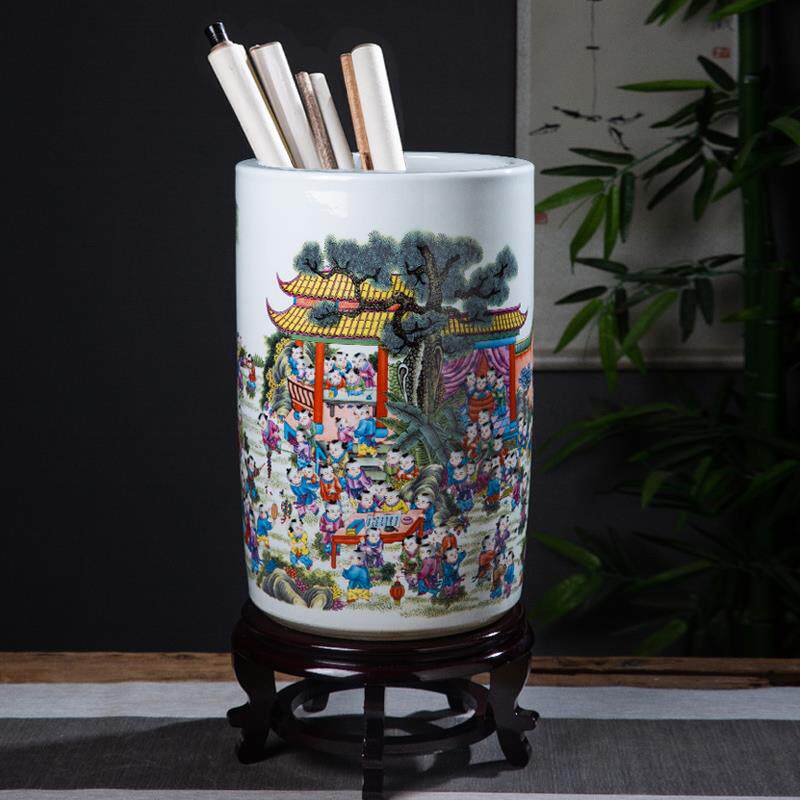 景德镇陶瓷器书画缸卷轴缸箭筒剑筒字画缸书房收纳花瓶百子图童子