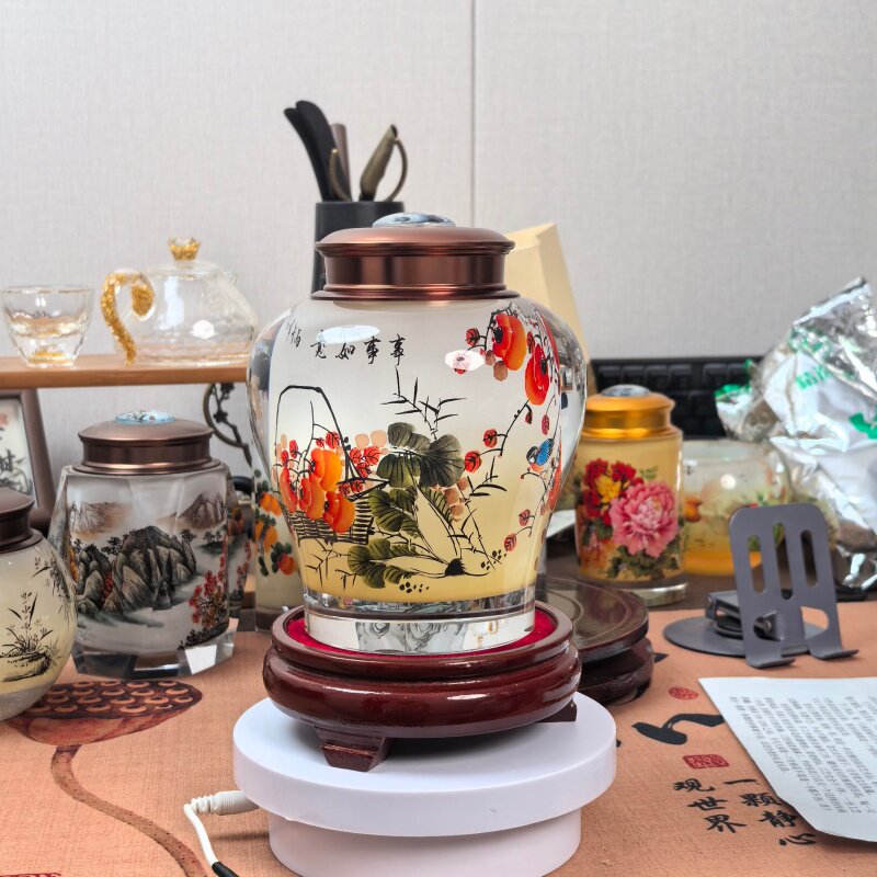 新中式茶叶罐高档人造水晶玻璃药罐非遗匠人手绘防潮密封茶叶储存