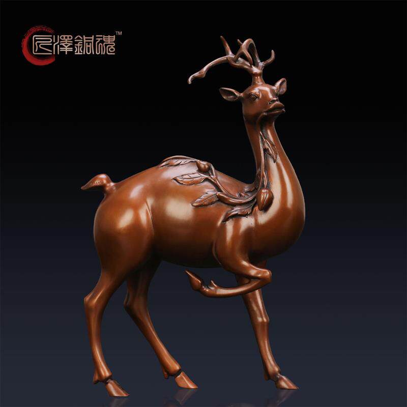 匠泽铜魂+纯铜鹿摆件+紫铜梅花鹿+家居客厅办公室摆设工艺品