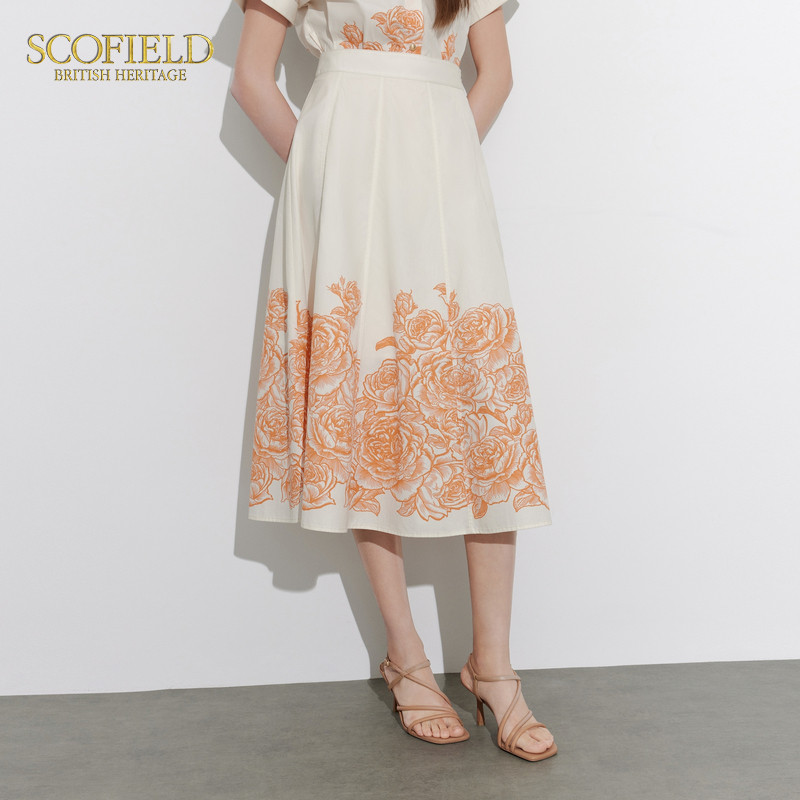 【scofield奥莱】女装高腰设计A字裙浪漫印花度假风半身裙夏季