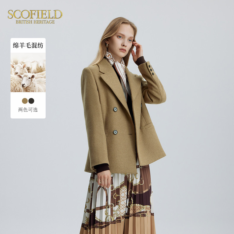 【scofield奥莱】女含羊毛英伦复古双排扣休闲廓形西装外套冬季