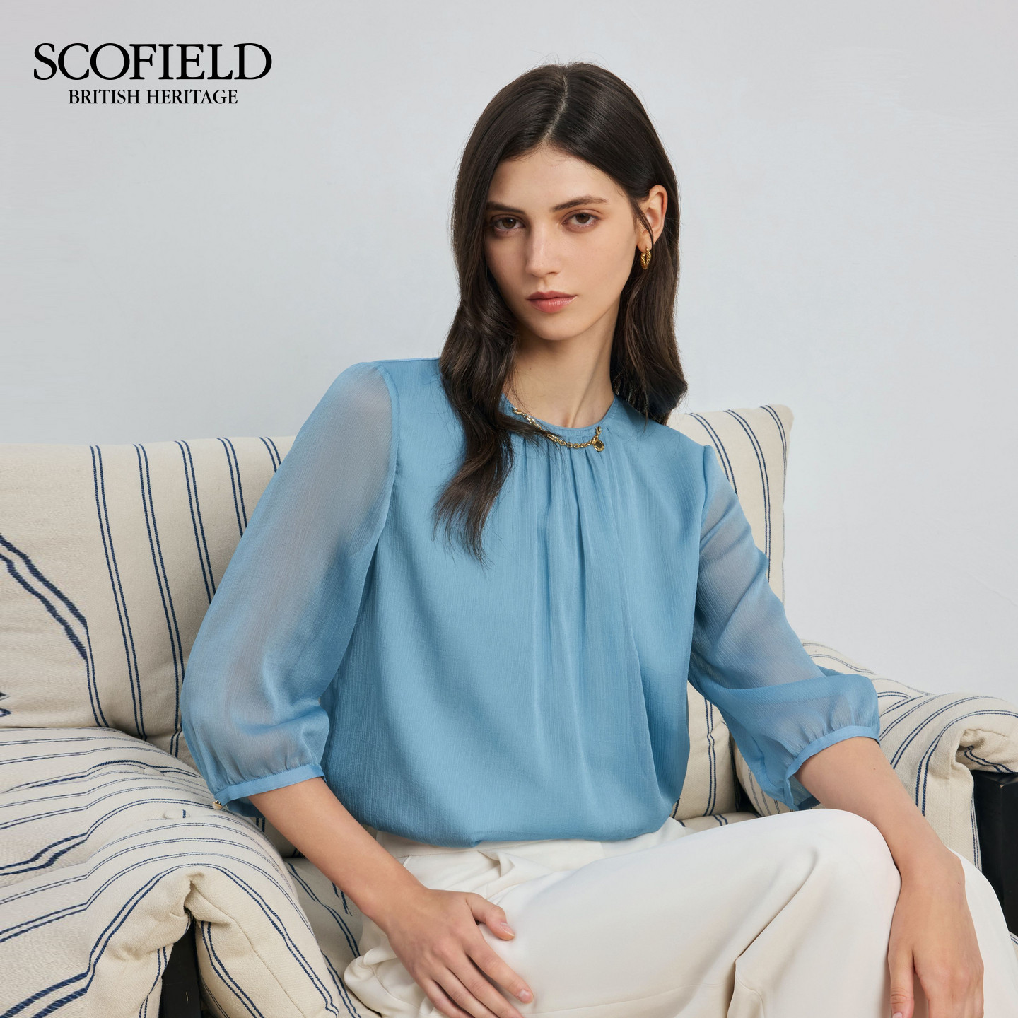 【scofield奥莱】女装矜贵气质圆领雪纺衬衫简约肌理感上衣夏季