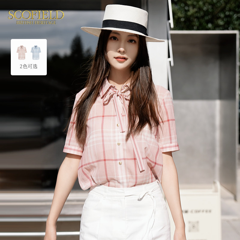 【scofield奥莱】女装轻薄格纹系带衬衫廓形衬衣率性翻领夏季