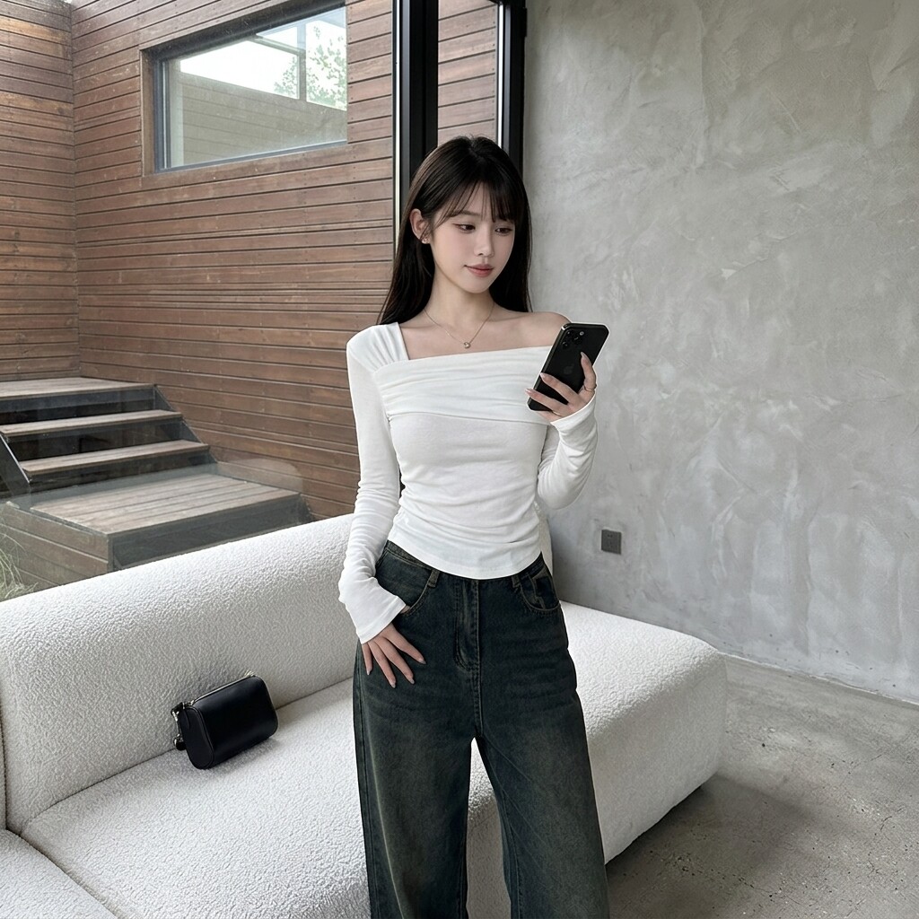 韩式甜辣一字领长袖修身T恤女