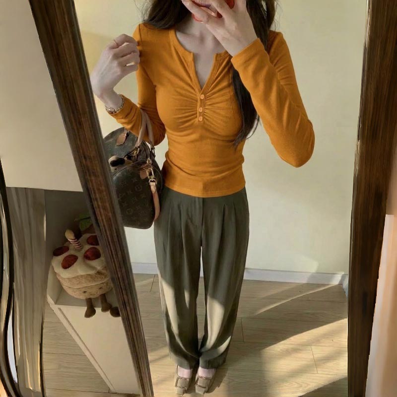 桔色V领长袖修身显瘦T恤女装秋冬