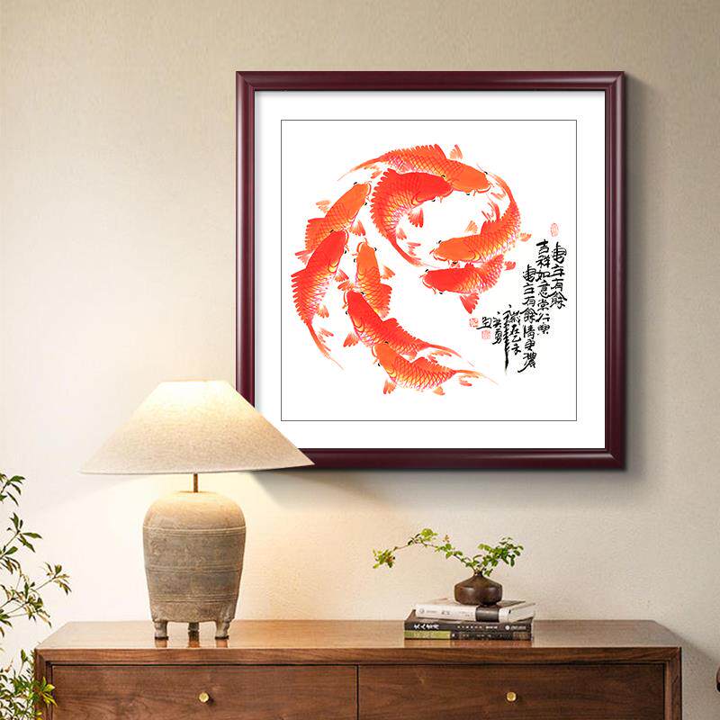 荷花九鱼图玄关装饰画新中式餐厅书房茶室挂画入户门水墨鲤鱼壁画