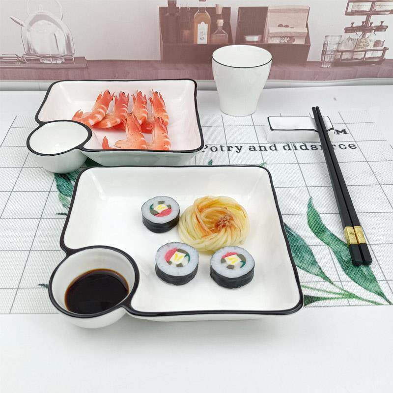 带味碟的盘子带蘸料碟饺子盘子带醋碟家用创意水饺盘陶瓷虾盘菜盘