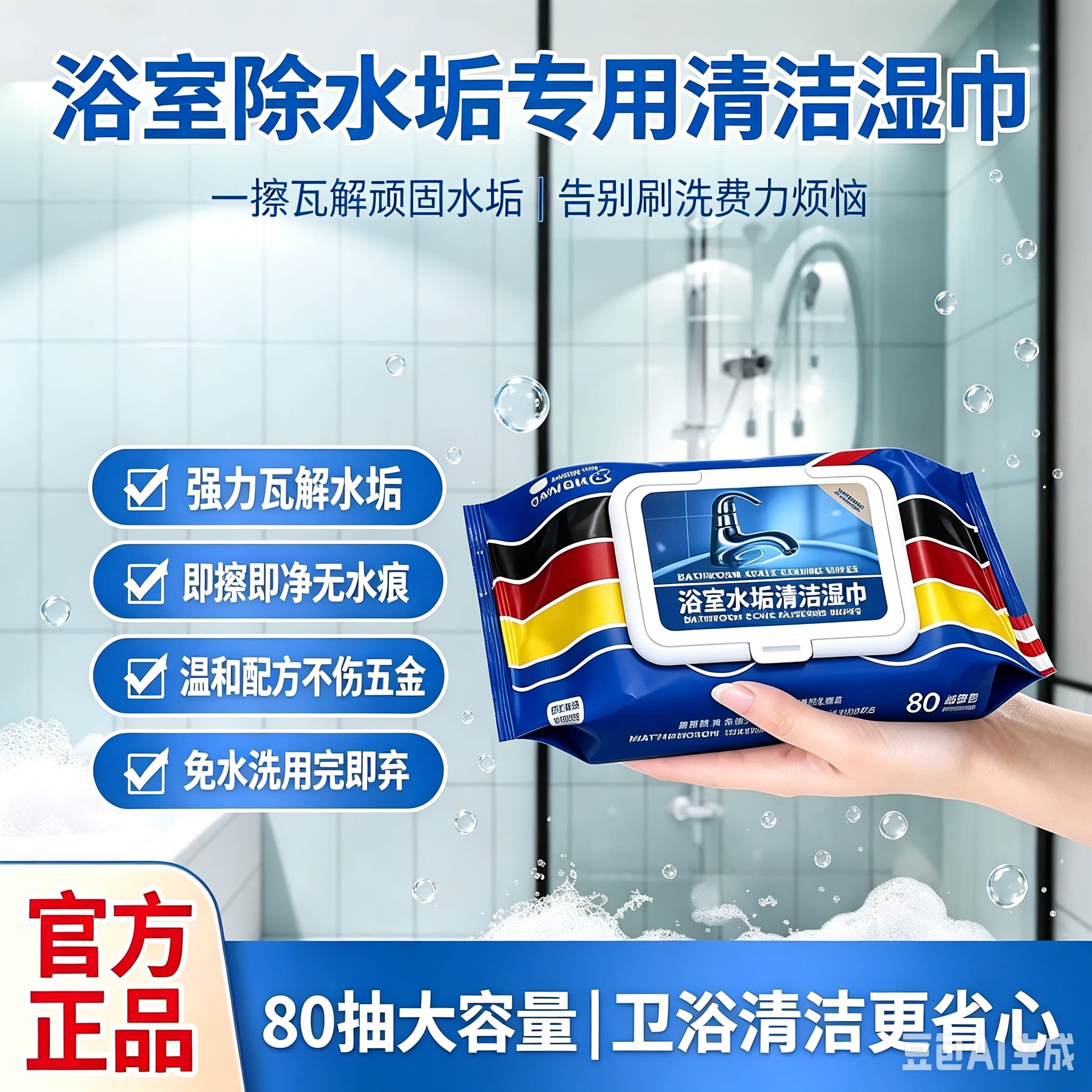 【拍一发四】浴室湿巾水垢清除玻璃水龙头瓷砖洗手池水垢污渍MD6