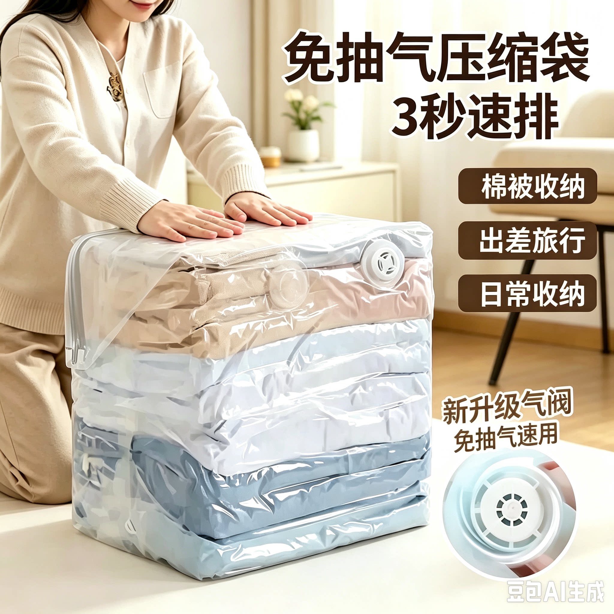【拍1发8】免抽气立体收纳压缩袋抽压两用透明加厚棉被袋MD⑥