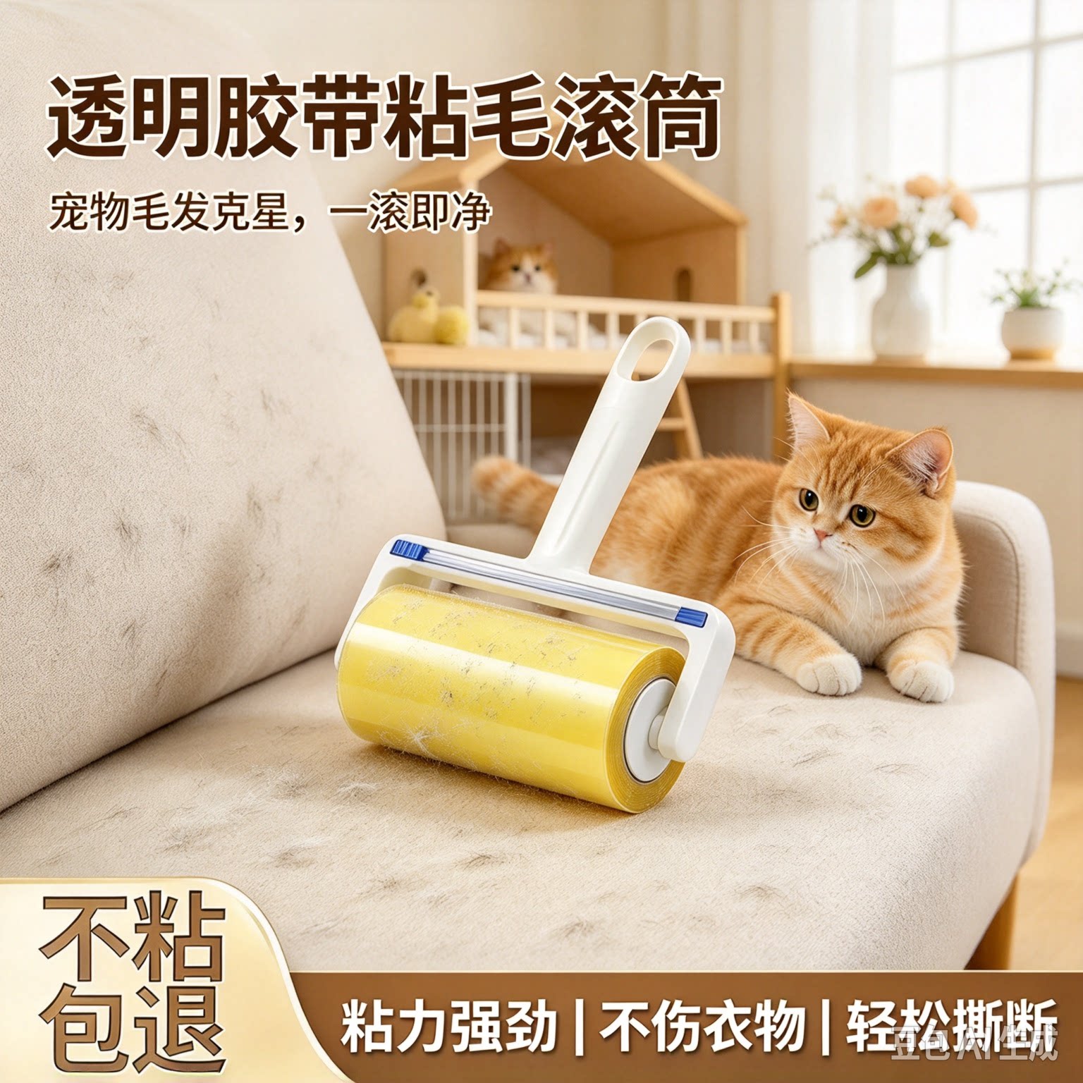 透明胶带滚筒粘毛器切割器粘毛反卷胶带家用滚刷床上清理用品JT