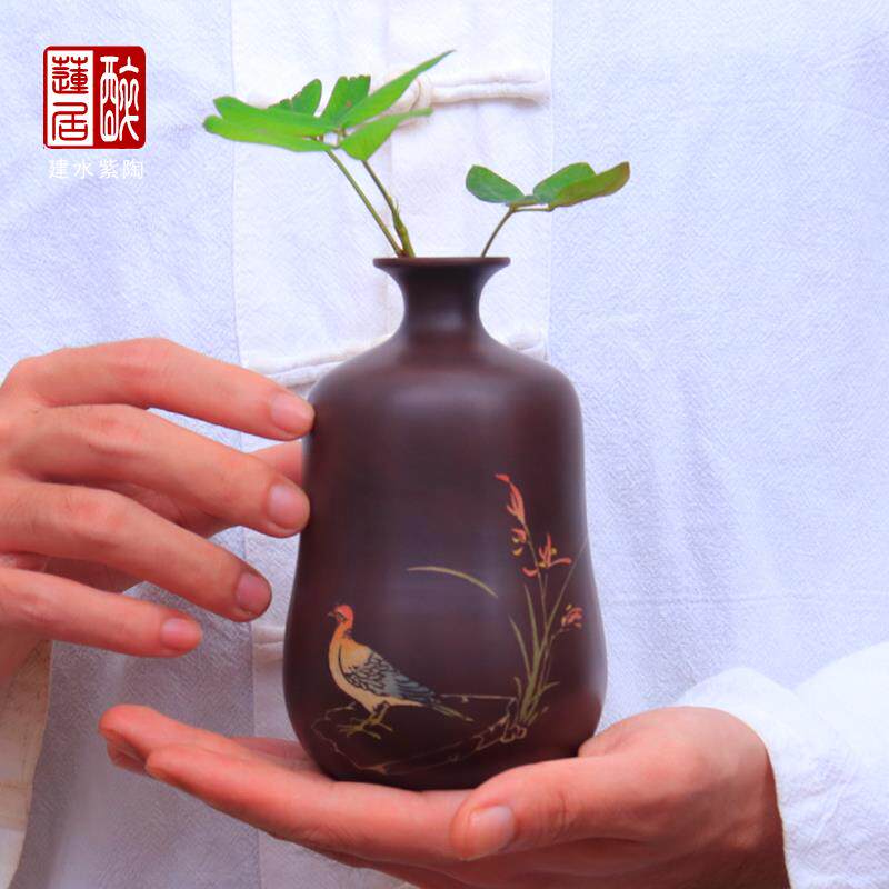建水紫陶小号花瓶纯手工家居花瓶摆件花器装饰迷你复古花插T31