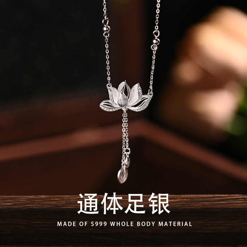 990足银莲花流苏项链女新款爆款好运莲莲新中式纯银吊坠锁骨链图片