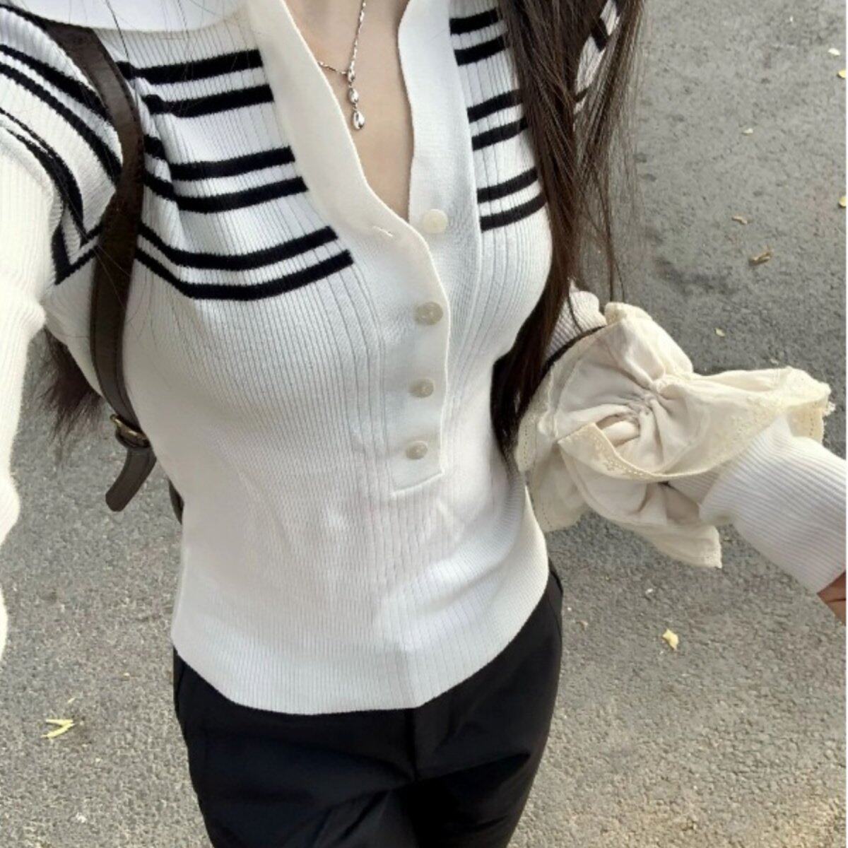 白色条纹polo领长袖针织衫女春秋季修身法式气质短款内搭打底上衣