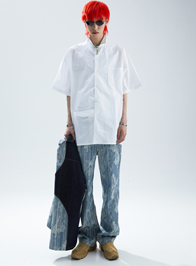 SFTTR 2021SS 断层裁片基础黑/白色解构男女休闲宽松廓形短袖衬衫